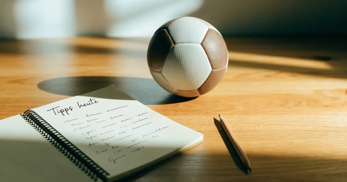 Ein Notizbuch mit handschriftlichen Notizen und einem Bleistift liegt auf einem Holztisch, daneben ein kleiner Fußball im Tageslicht.