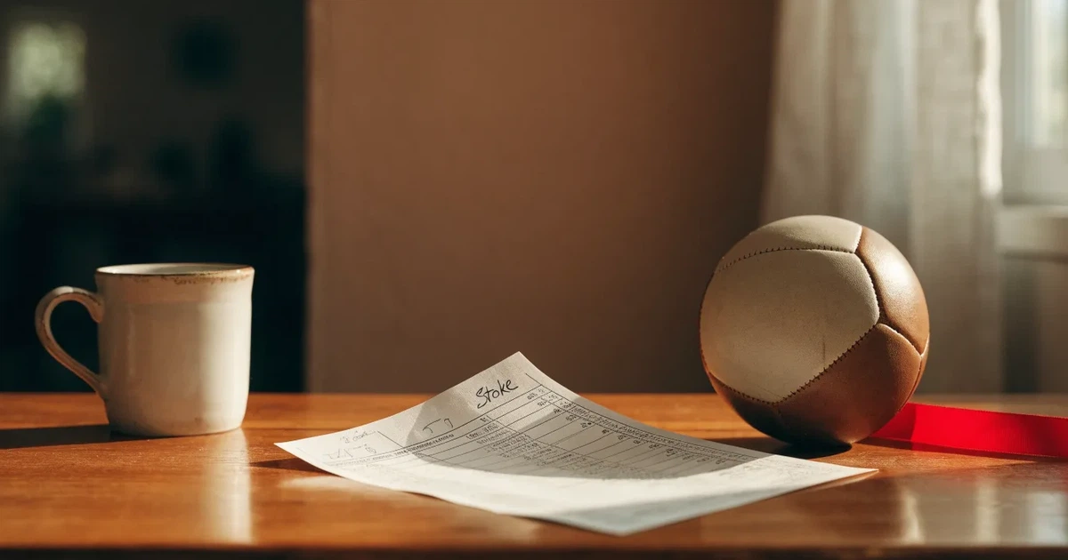 Ein kleines Geschenkband liegt neben einem Fußball und einem leeren Papier-Wettschein auf einem Holztisch im Tageslicht.