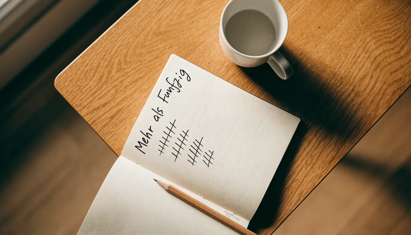 Ein Notizbuch mit handgeschriebenen Strichlisten liegt neben einem Bleistift und einer Kaffeetasse auf einem Holztisch.