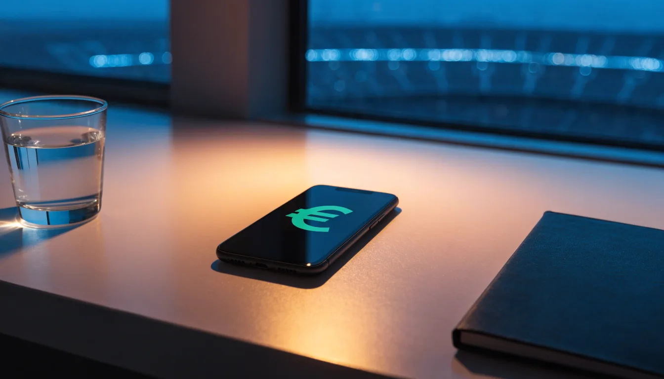 Ein Smartphone mit dunklem Display liegt auf einem Schreibtisch neben einem Glas Wasser, im Fenster dahinter ein Stadion im Dämmerlicht.