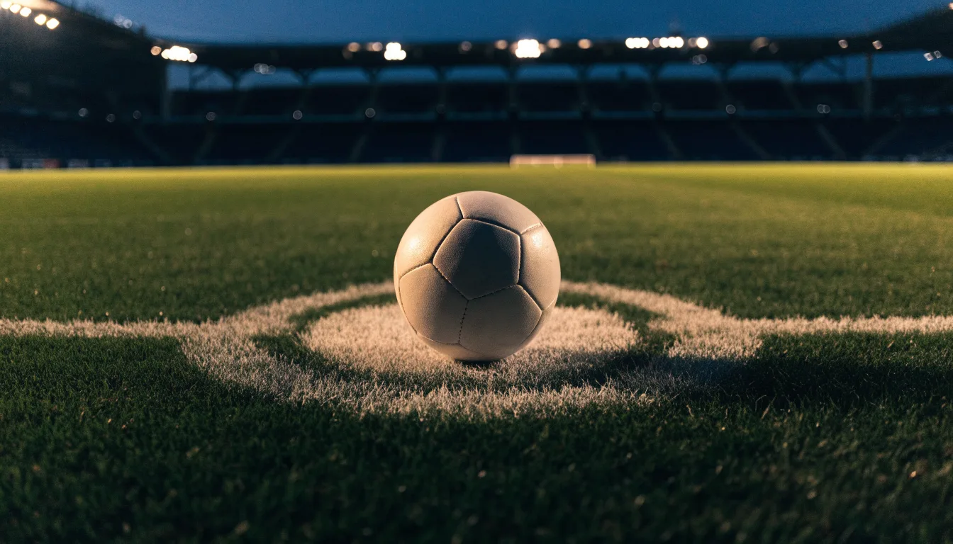 Ein Fußball liegt auf dem Mittelkreis eines leeren Rasenplatzes unter Flutlicht am frühen Abend, die Tribünen sind nur schemenhaft zu erkennen.