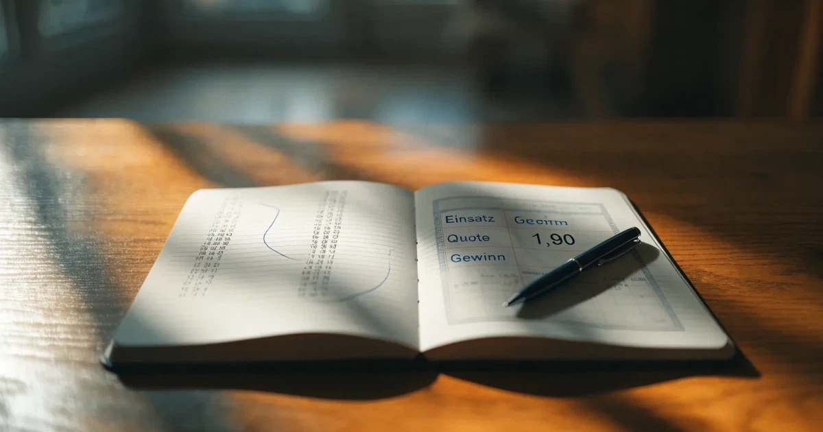 Ein aufgeschlagenes Notizbuch mit handgezeichneten Kurven und Strichen liegt neben einem Taschenrechner auf einem Schreibtisch im Morgenlicht.