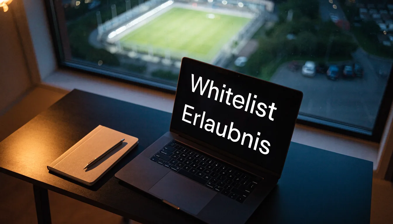 Ein Stadion unter Flutlicht aus der Ferne gesehen, davor ein dunkler Parkplatz und ein einzelnes Fahrrad an einem Zaun.