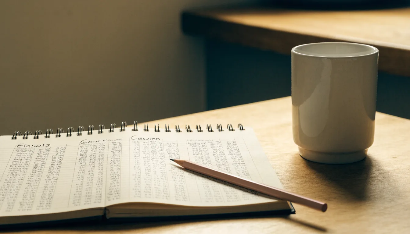 Ein Notizbuch mit handschriftlichen Zahlenreihen und ein Bleistift liegen auf einem Küchentisch neben einer Tasse.