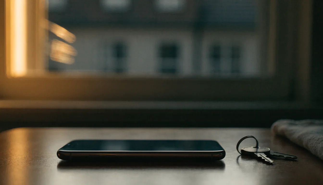Ein Smartphone mit dunklem Display liegt auf einem Holztisch, daneben ein Schlüsselbund, im Hintergrund ein Fenster mit Abendlicht.