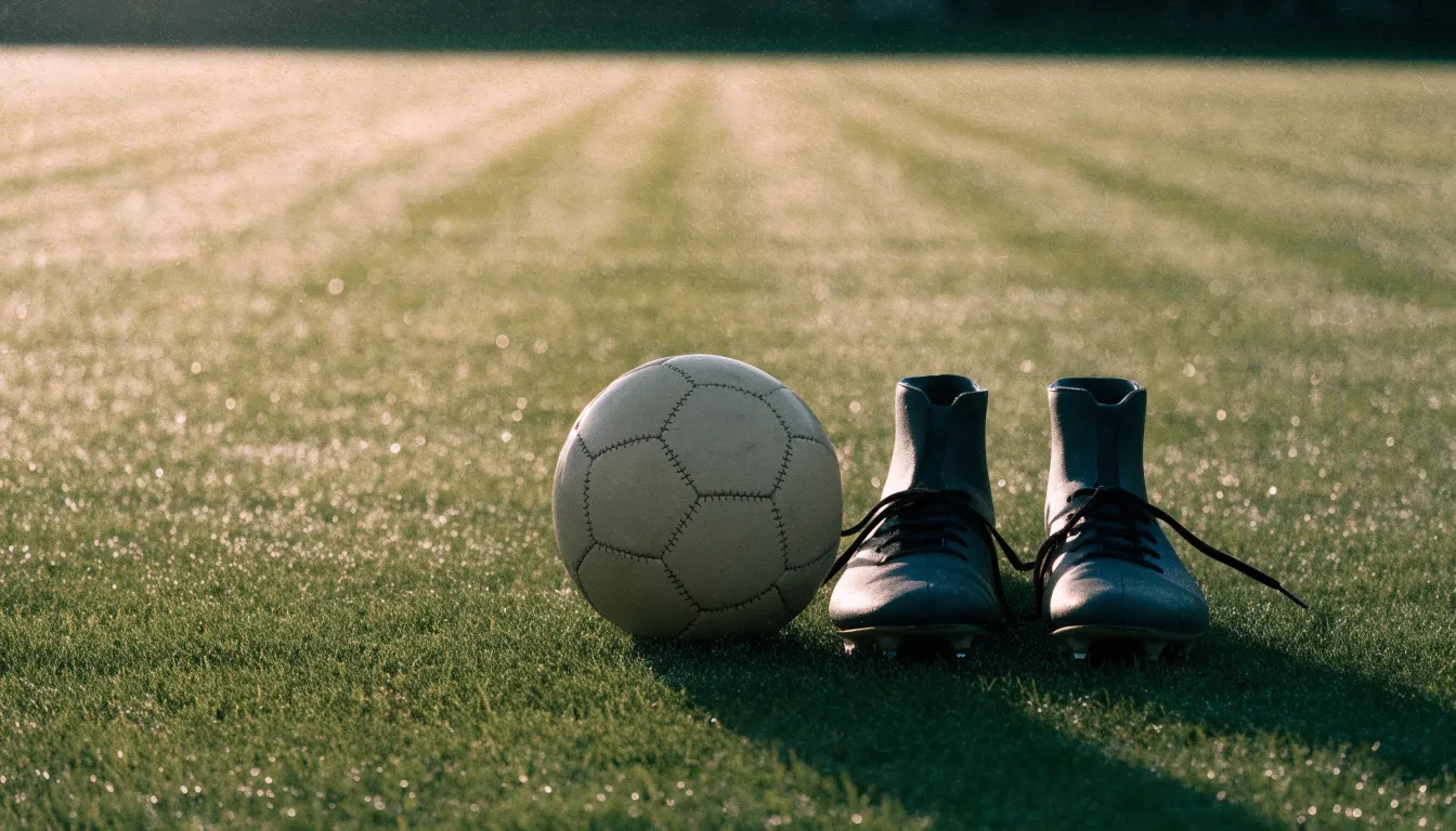 Ein Fußball auf frisch gemähtem Rasen im Morgenlicht, daneben ein Paar Fußballschuhe ohne erkennbare Marke.