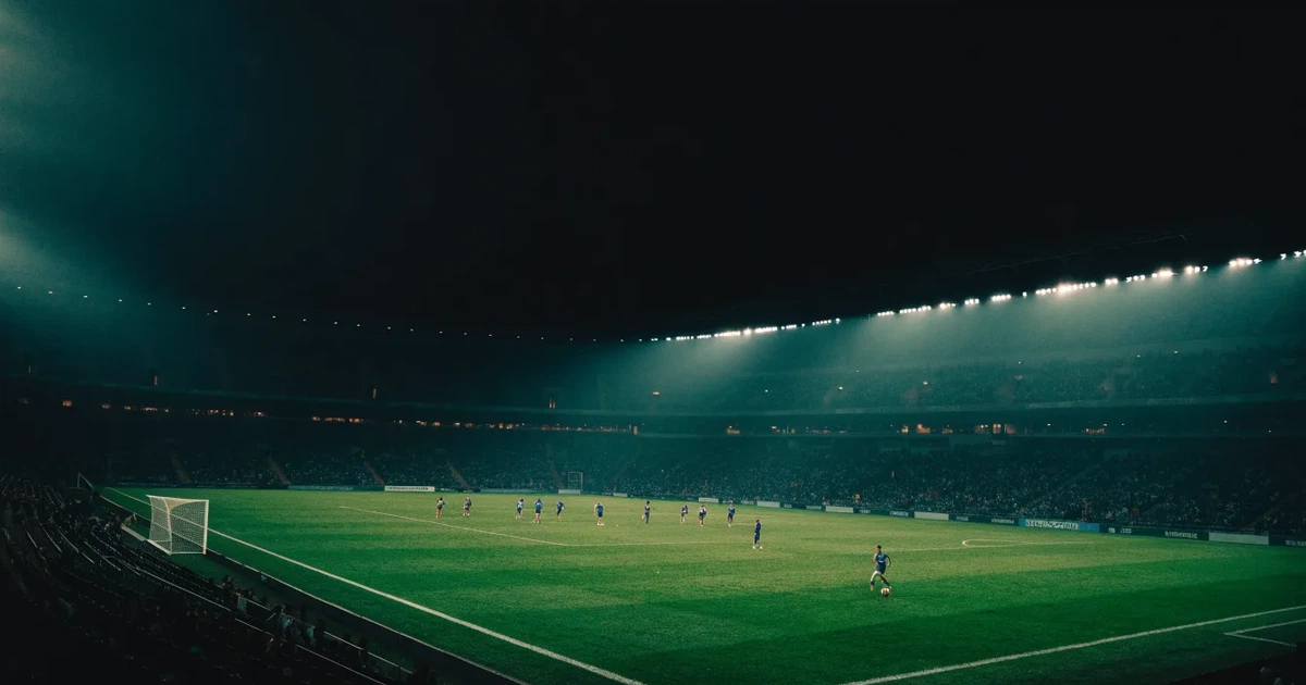Ein Fußballstadion bei Nacht aus großer Entfernung, hell erleuchtet unter Flutlicht, davor eine dunkle Straße und Bäume.
