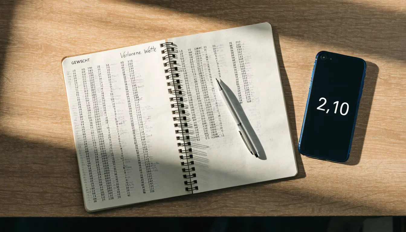 Ein Notizbuch mit handgeschriebenen Zahlen und ein Kugelschreiber liegen auf einem Tisch, daneben ein Smartphone mit schwarzem Bildschirm.