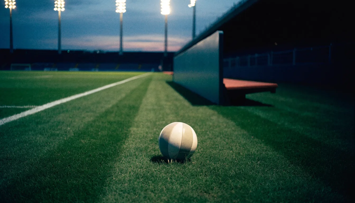 Ein Fußball liegt am Spielfeldrand neben einer leeren Ersatzbank, das Flutlicht über dem Platz leuchtet in der Dämmerung.