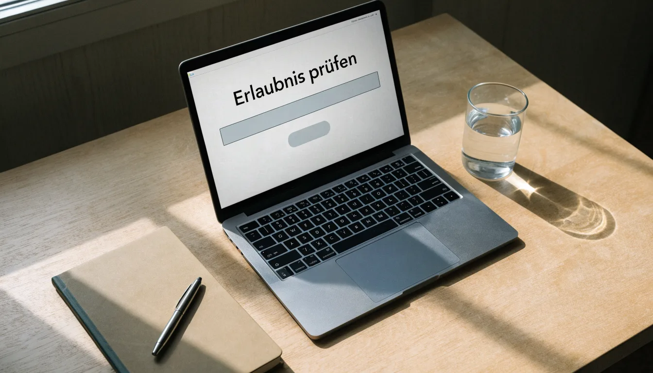 Ein Laptop mit dunklem Bildschirm steht aufgeklappt auf einem Schreibtisch, daneben ein Notizbuch und ein Glas Wasser.