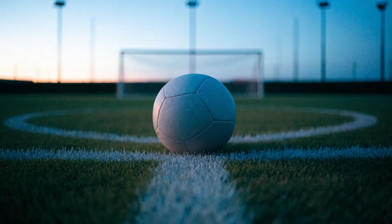 Ein Fußball liegt auf dem Anstoßpunkt eines Rasenplatzes in der Abenddämmerung, Flutlichtmasten stehen unscharf im Hintergrund.