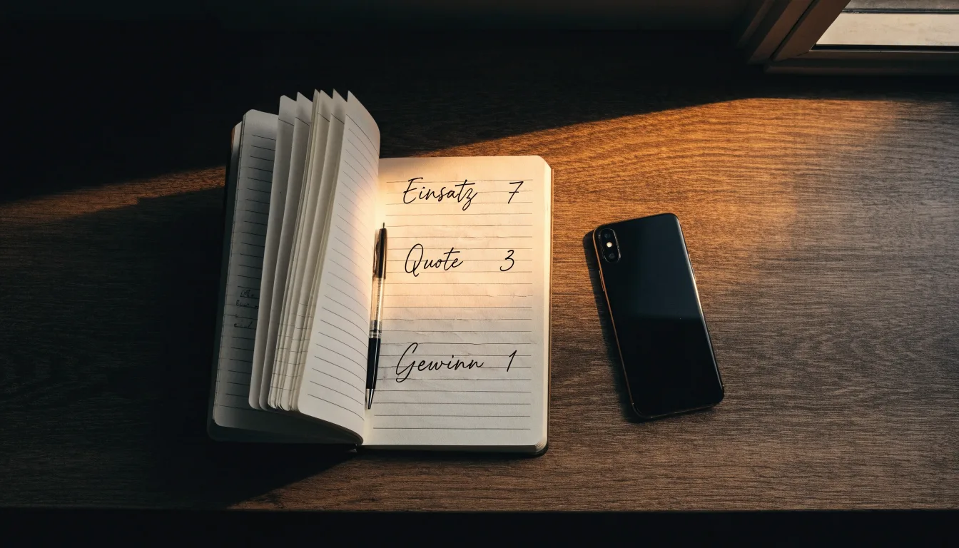 Ein Notizbuch mit handschriftlichen Zahlen liegt neben einem Smartphone mit dunklem Display auf einem Tisch, im Fenster Dämmerlicht.