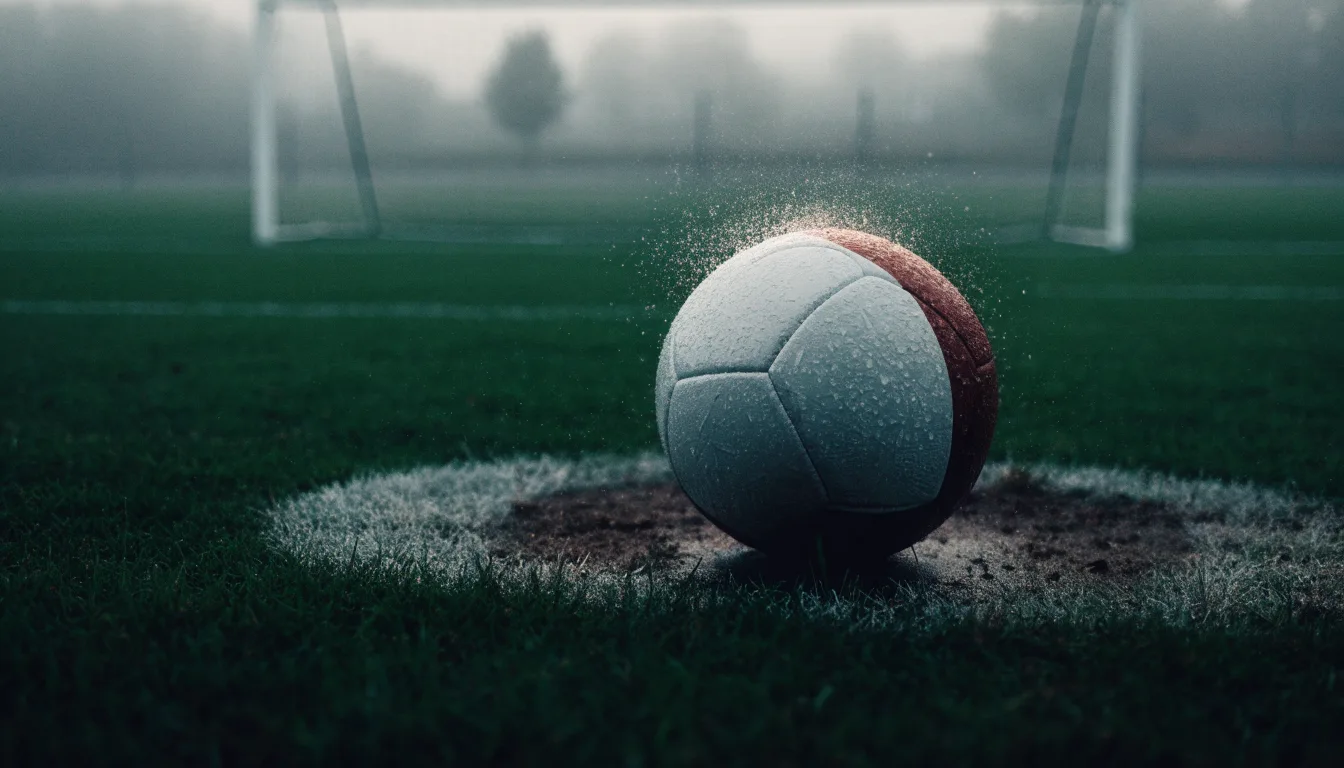 Ein Fußball liegt auf dem Elfmeterpunkt eines nassen Rasenplatzes, im Hintergrund ein leeres Tor im Nebel.