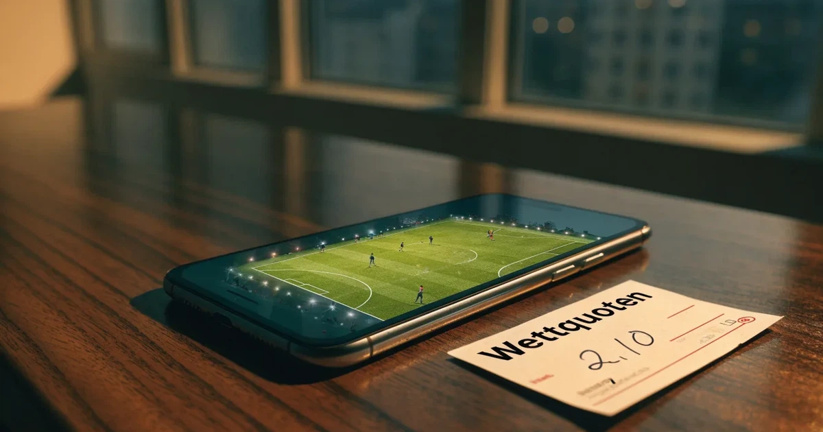 Ein großes Fußballstadion mit hell erleuchtetem Rund, aus der Ferne am Abend gesehen, davor eine breite Allee mit Laternen.