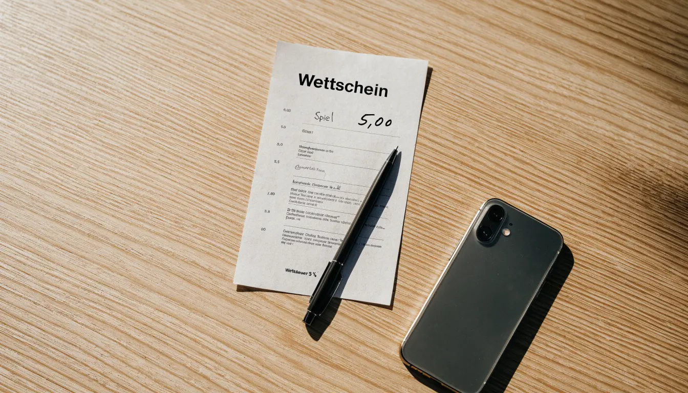 Ein leerer Papier-Wettschein und ein Kugelschreiber liegen auf einem Holztisch neben einem schwarzen Smartphone.