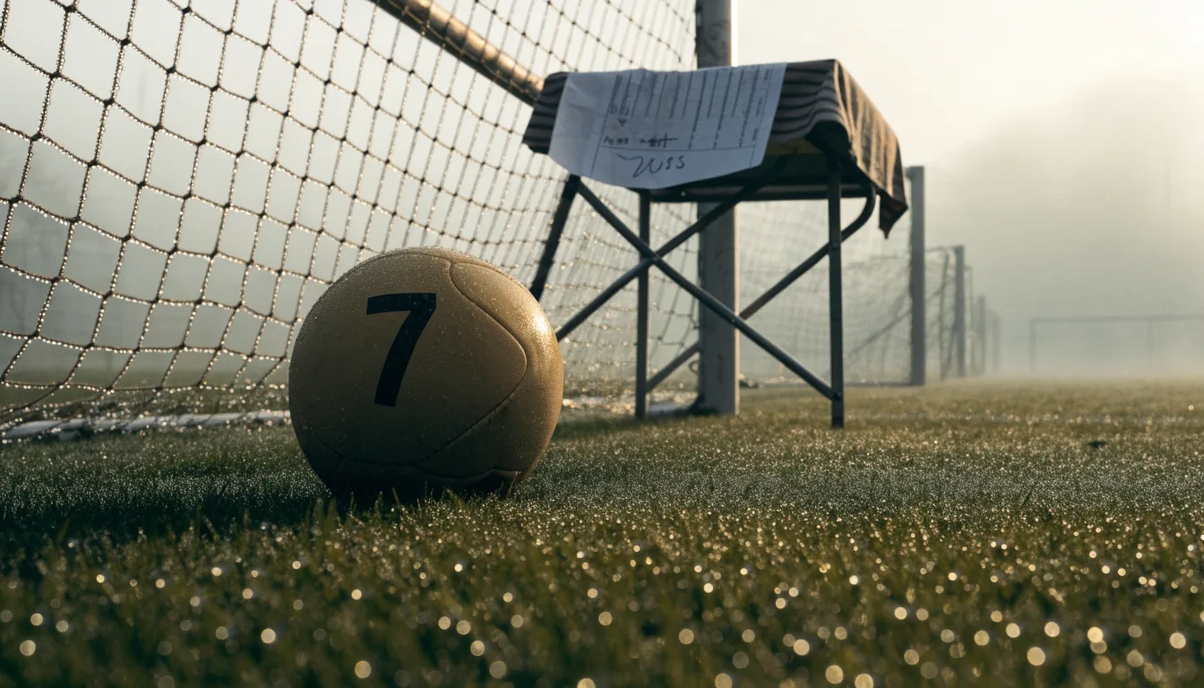 Ein Fußball liegt auf dem Rasen vor einem Tor im Morgennebel, die Netzmaschen sind taufeucht.