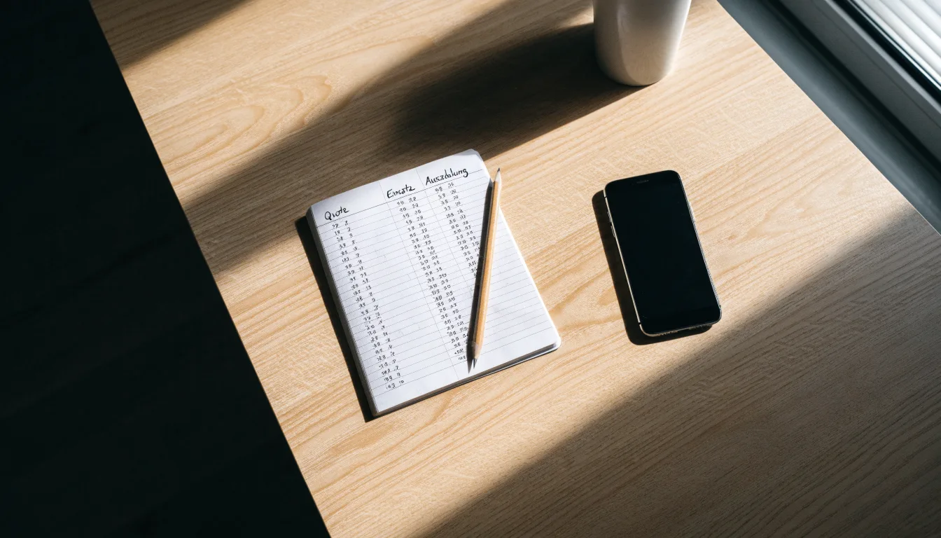 Ein Notizbuch mit handschriftlichen Zahlenreihen liegt neben einem Bleistift und einem Smartphone mit dunklem Display auf einem Tisch.