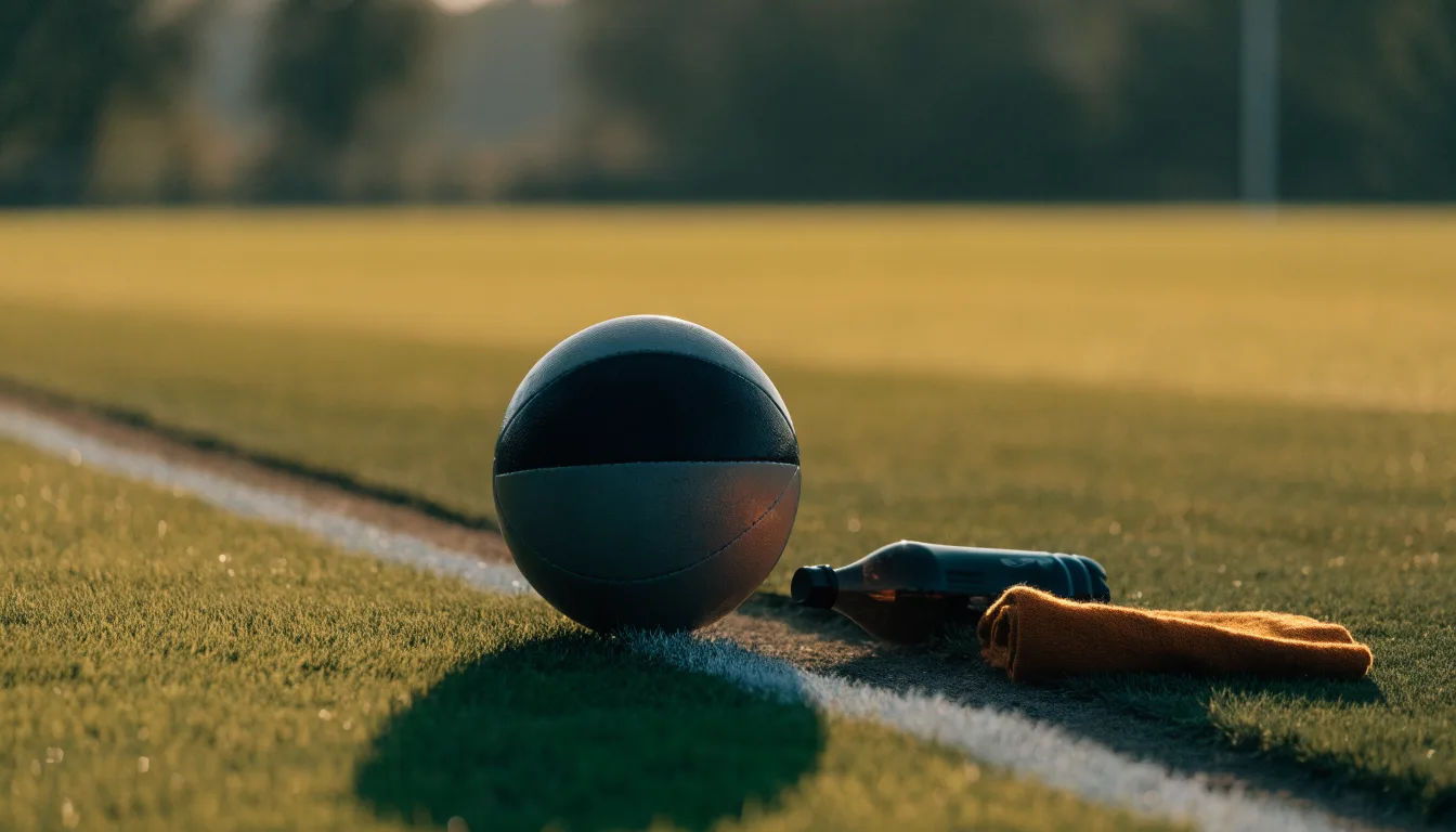 Ein Fußball auf einer Wiese neben der Seitenlinie, daneben eine Trinkflasche ohne Aufdruck und ein Handtuch.