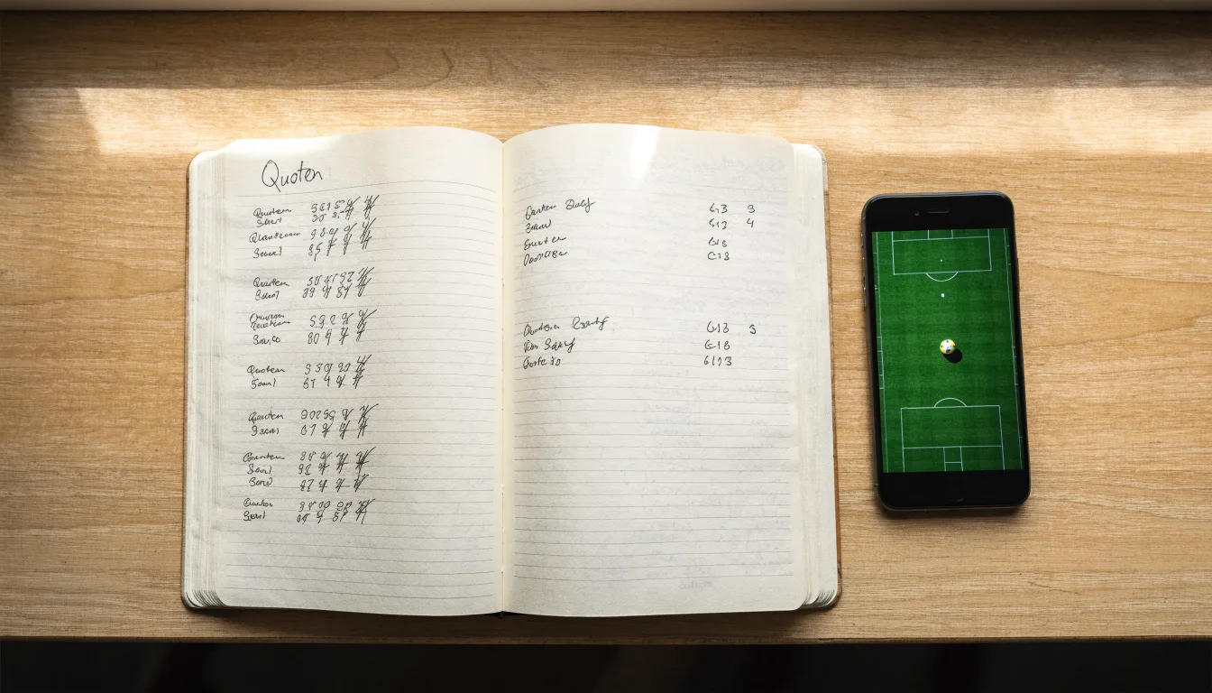Ein Notizbuch mit handschriftlichen Notizen und ein Taschenrechner liegen auf einem Schreibtisch neben einem Smartphone mit dunklem Display.