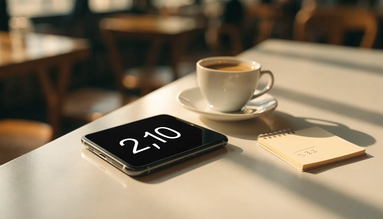 Ein Smartphone liegt mit schwarzem Display neben einer Kaffeetasse und einem Notizblock auf einem Café-Tisch.