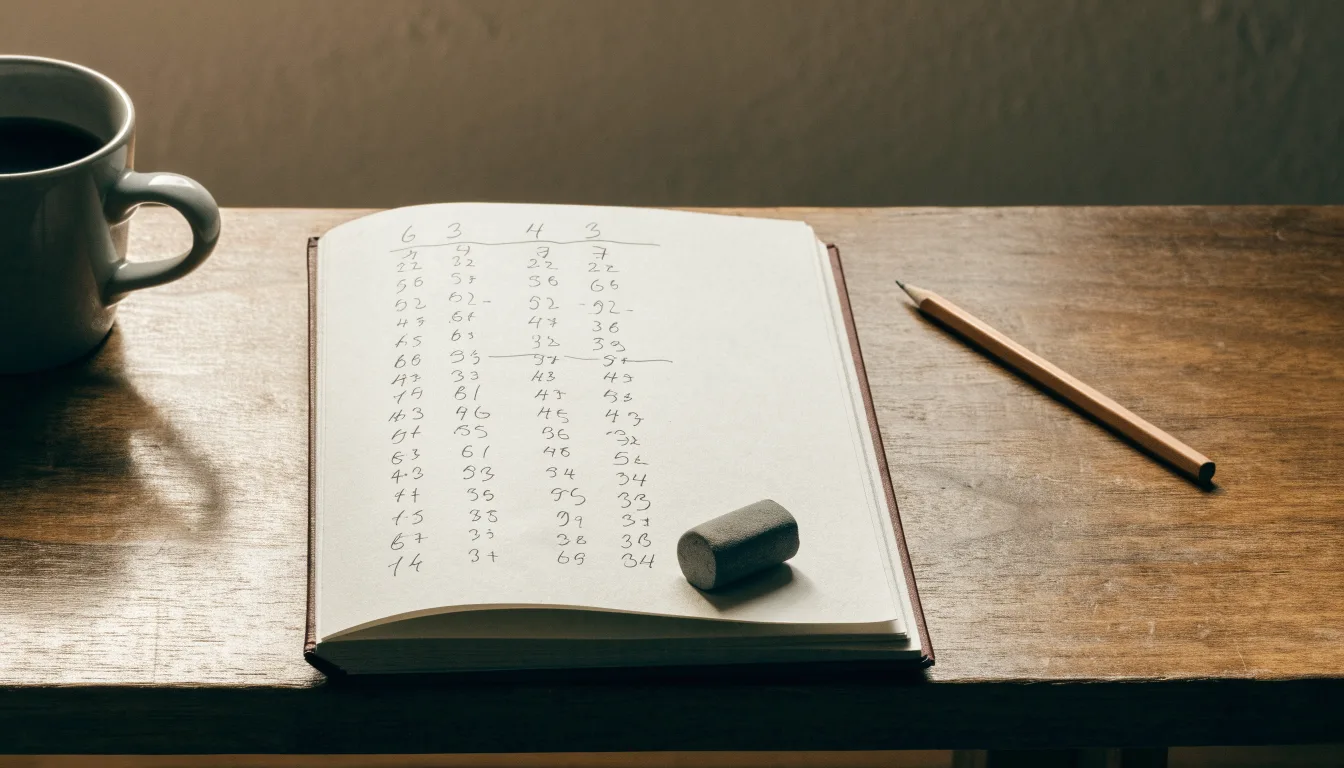 Ein Notizbuch mit handschriftlichen Multiplikationen liegt aufgeschlagen auf einem Holztisch, daneben ein Bleistift und ein Radiergummi.