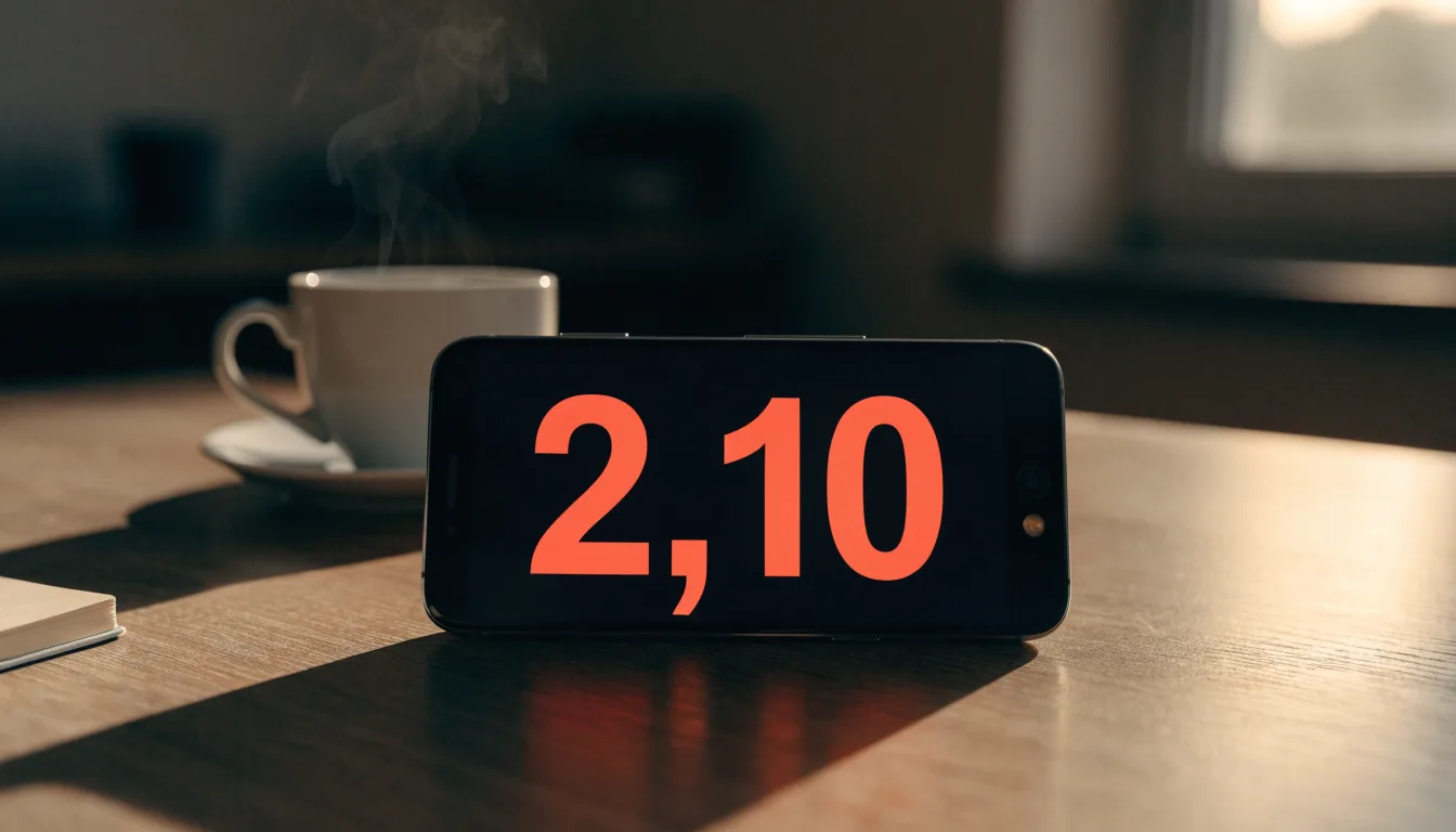 Ein Smartphone mit dunklem Display liegt neben einer Kaffeetasse auf einem Schreibtisch, durch das Fenster fällt Abendlicht.