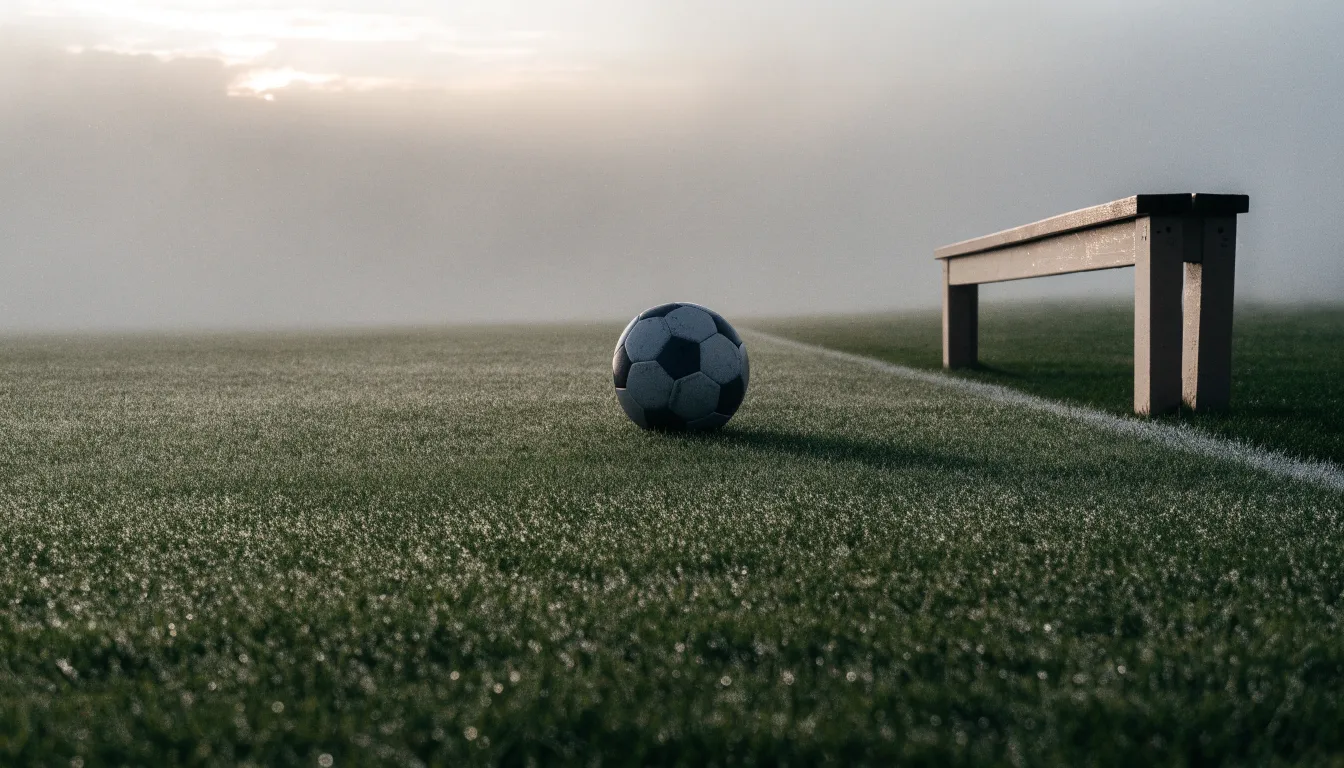 Ein Fußball liegt in der Mitte eines leeren Rasenplatzes im Morgennebel, am Rand steht eine einzelne Auswechselbank.
